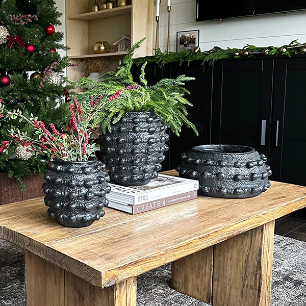 Handcrafted Textured Outdoor Matte Black Planters, Set of 3 - Decor Steals | Decor Steals