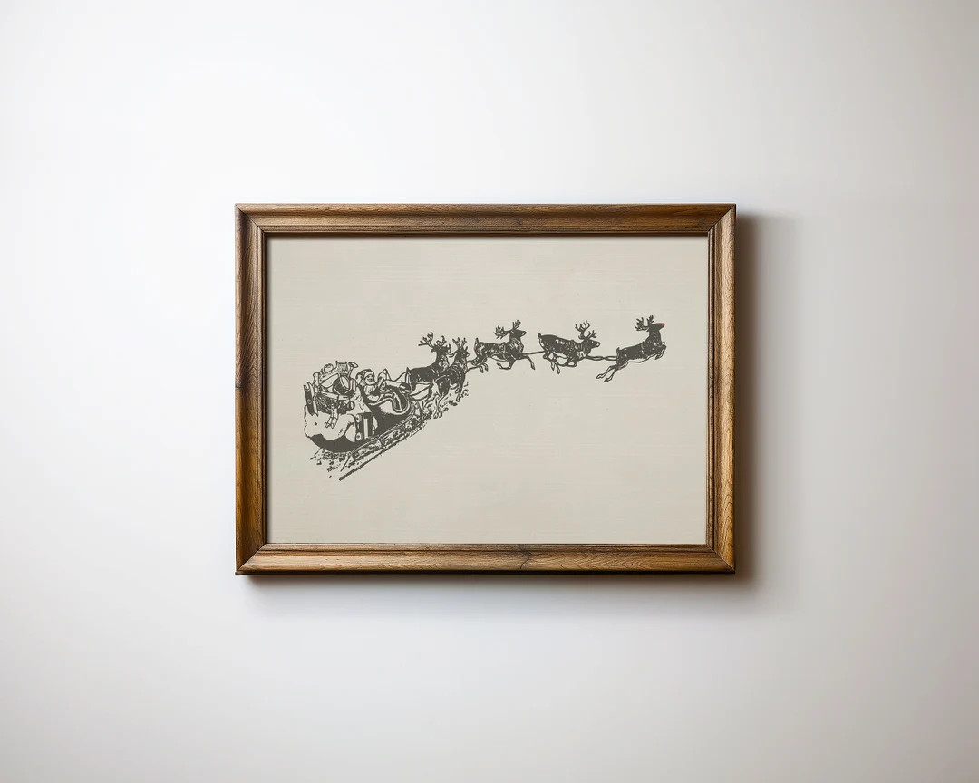Vintage Santa Reindeer Wall Art: Cottagecore Winter Holiday Download - Etsy | Etsy (US)