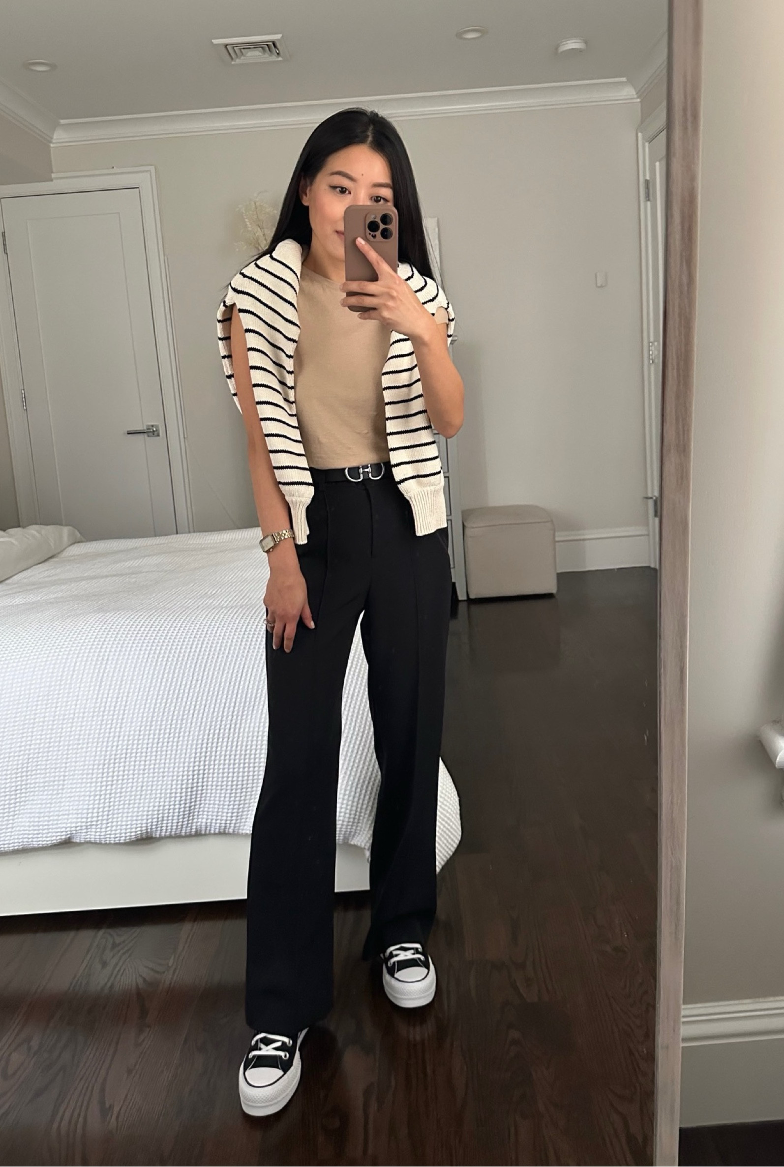 casual trouser outfit with high top platform Converse sneakers // how to style black pants with sneakers 

•Express pants 00 short
•Converse sz 5
•Sezane sweater xxs
•Express padded shoulder tee (old; similar options linked)
•Edited Pieces belt xxs 
•Anne Klein watch (Amazon.com/shop/ExtraPetite) 

#petite

#LTKstyletip #LTKFind #LTKshoecrush