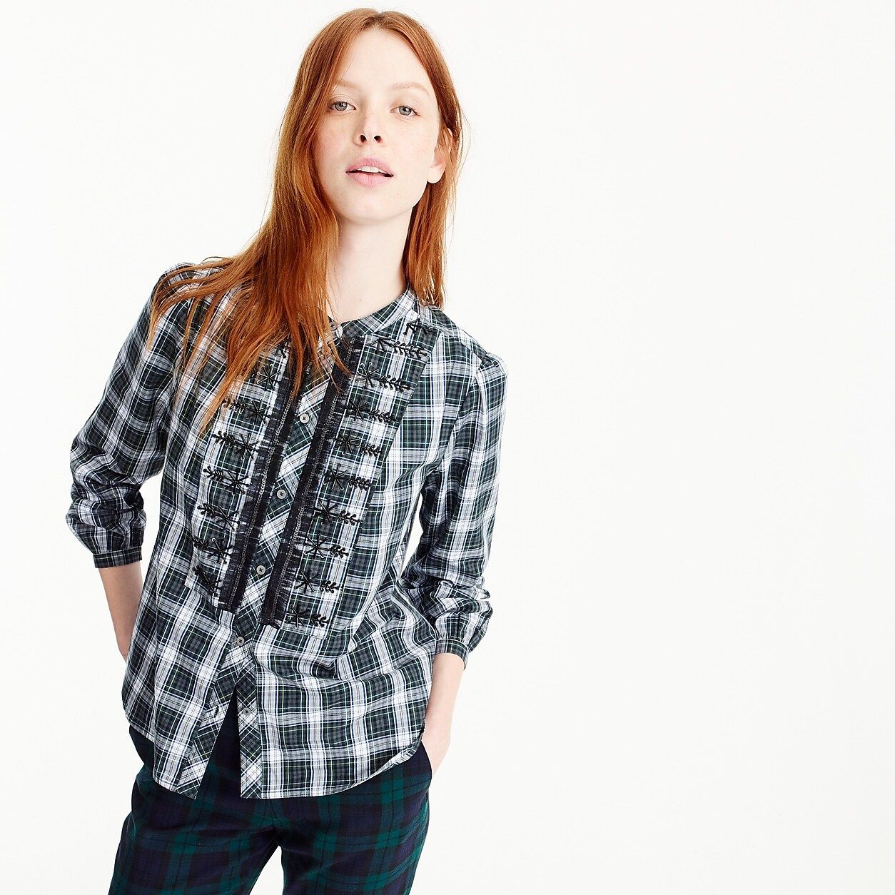 Petite embellished button-up shirt in forest tartan | J.Crew US