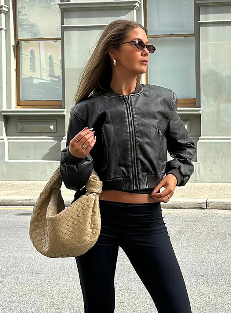 Allure Faux Leather Bomber Jacket Charcoal | Princess Polly US