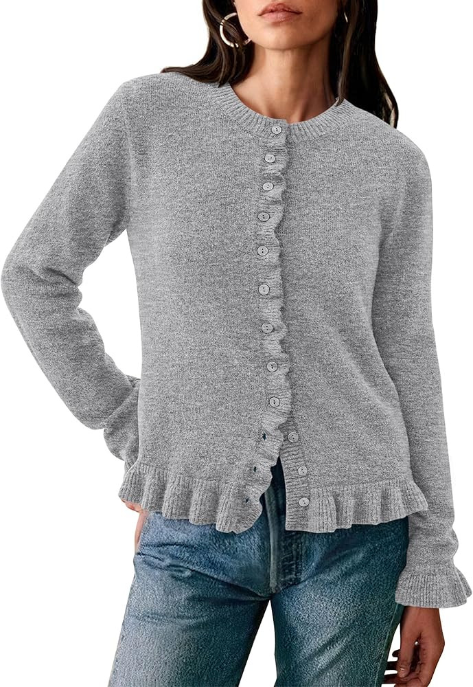 PRETTYGARDEN Womens Fall Button Down Cardigans Chunky Knit Ruffle Open Front Cropped Cardigan Swe... | Amazon (US)