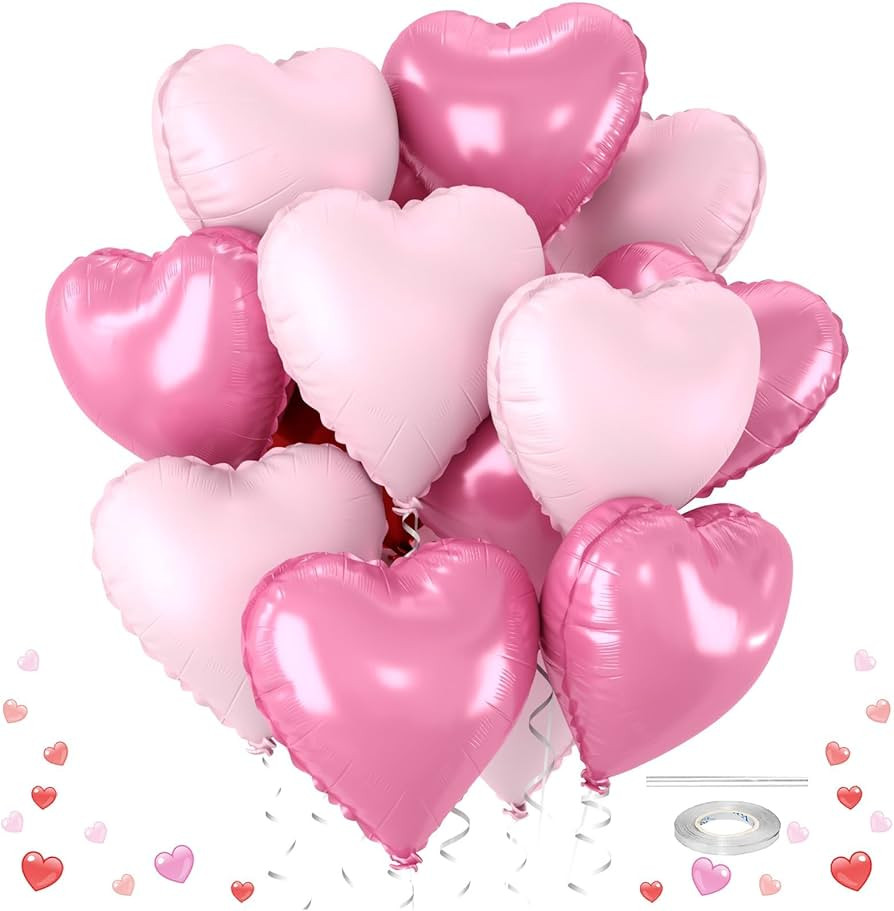 Pastel Pink Heart Balloons, 12 Pcs 18 inch Heart Shaped Balloons, Large Foil Helium Balloon, Vale... | Amazon (US)