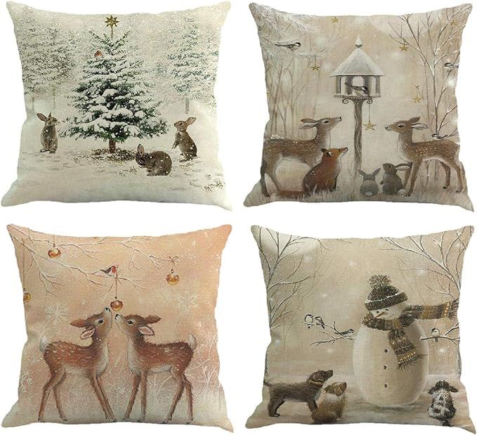 Amazon.com: Set of 4 Christmas Reindeer Snow Winter Decoration Pillow Covers 18x18 Home Couch Cot... | Amazon (US)
