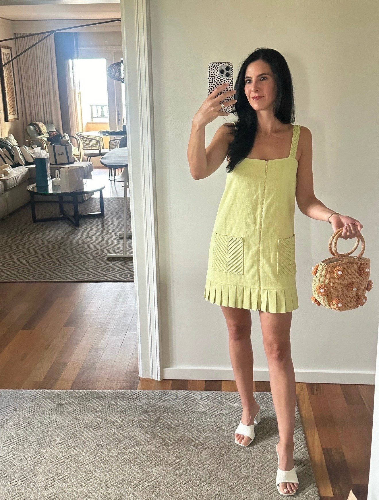 Vacation dinner outfit 🤍🍋
This little green dress is even cuter in person!! Paired it with the sweetest woven pearl bag + white heels for the perfect spring/summer look ✨

Size: small 

Wedding guest dress, vacation outfit