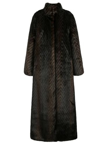 Women Winter Extra Long Thick Warm Elegant Striped Fluffy Stand Collar Maxi Overcoat Faux Mink Fur Coat Brown M | Amazon (US)