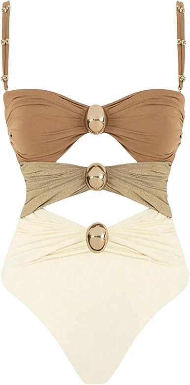 Verdusa Women's Cut Out Colorblock One Piece Swimsuit Ruched Swimwear Bathing Suit Brown Beige Sm... | Amazon (US)