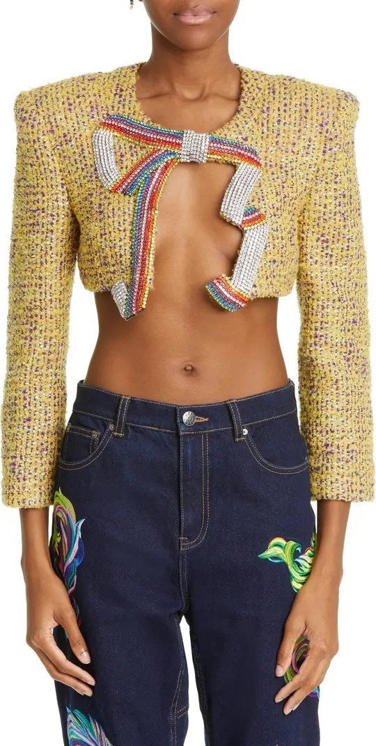 Crystal Rainbow Bow Metallic Virgin Wool Blend Tweed Crop Jacket | Nordstrom