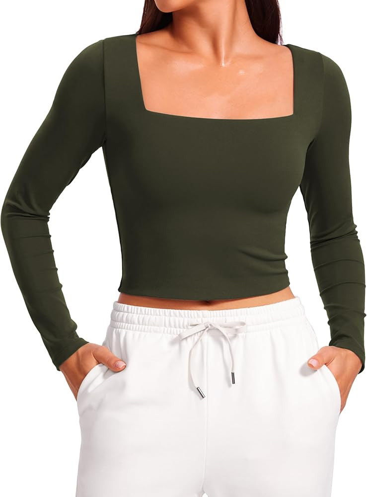 CRZ YOGA Womens Butterluxe Double Lined Long Sleeve Crop Top Square Neck Workout Athletic Casual ... | Amazon (US)