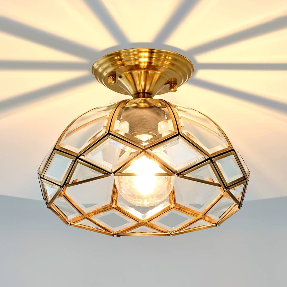 FISGONI Brass Glass Semi Flush Mount Ceiling Light 1-Light Hallway Ceiling Light Vintage Gold Clo... | Amazon (US)