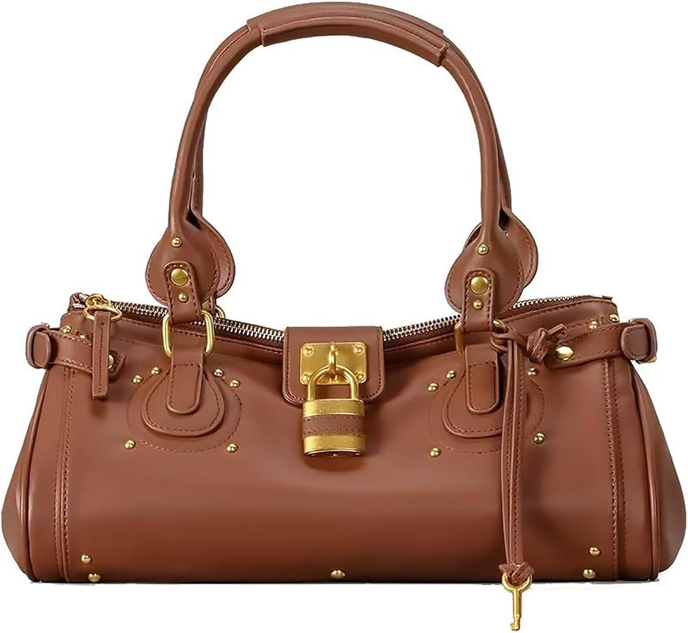 Women PU Leather Vintage Y2K Lock East West Bag Top Handle Handbag Retro Studded Underarm Shoulde... | Amazon (US)
