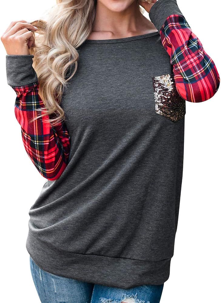 Ezcosplay Women O Neck Plaid Long Sleeve Front Pocket Thin Shirt Jersey Tops | Amazon (US)