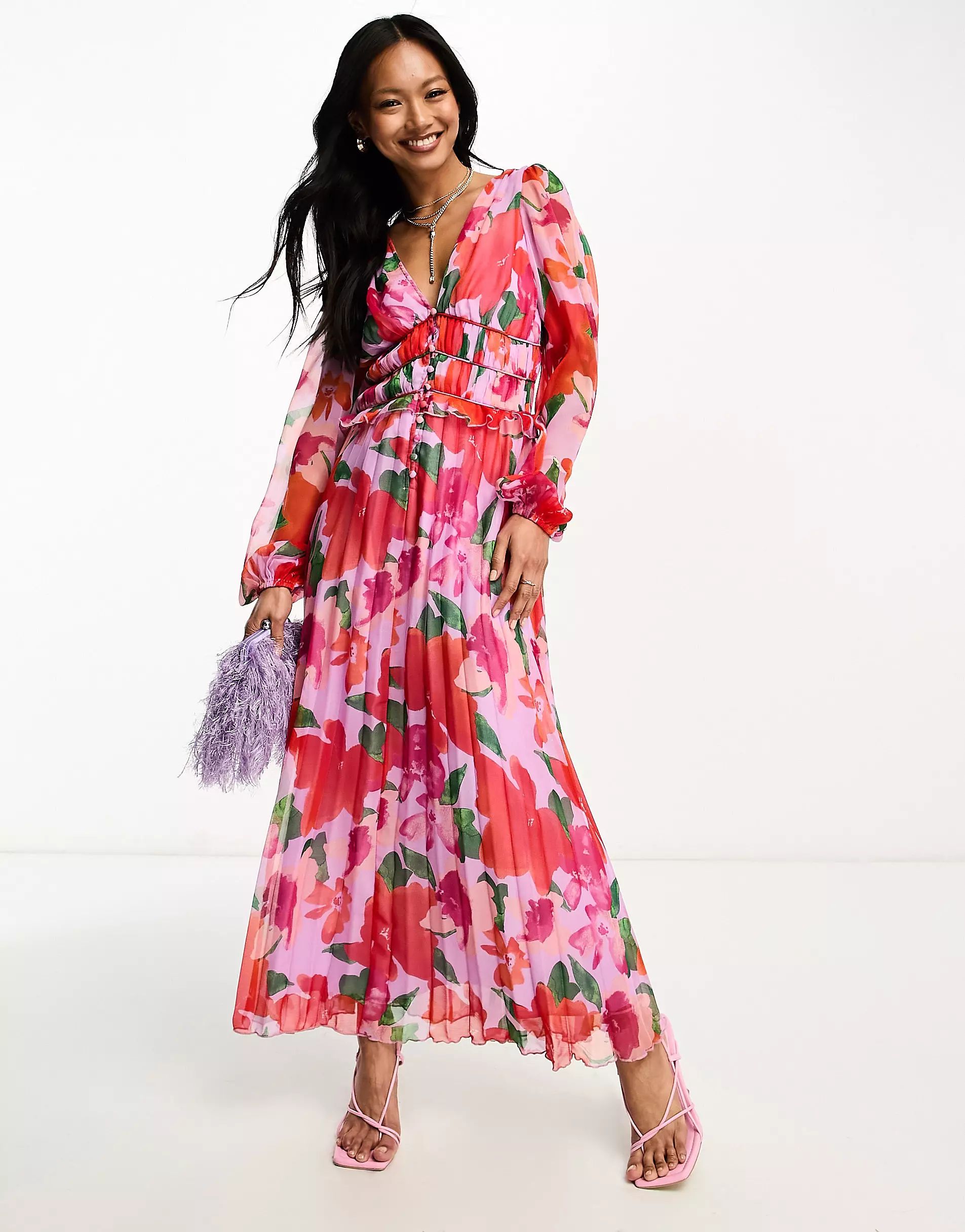 ASOS DESIGN button through ruched waist pleated midi dress in textured floral print | ASOS (Global)