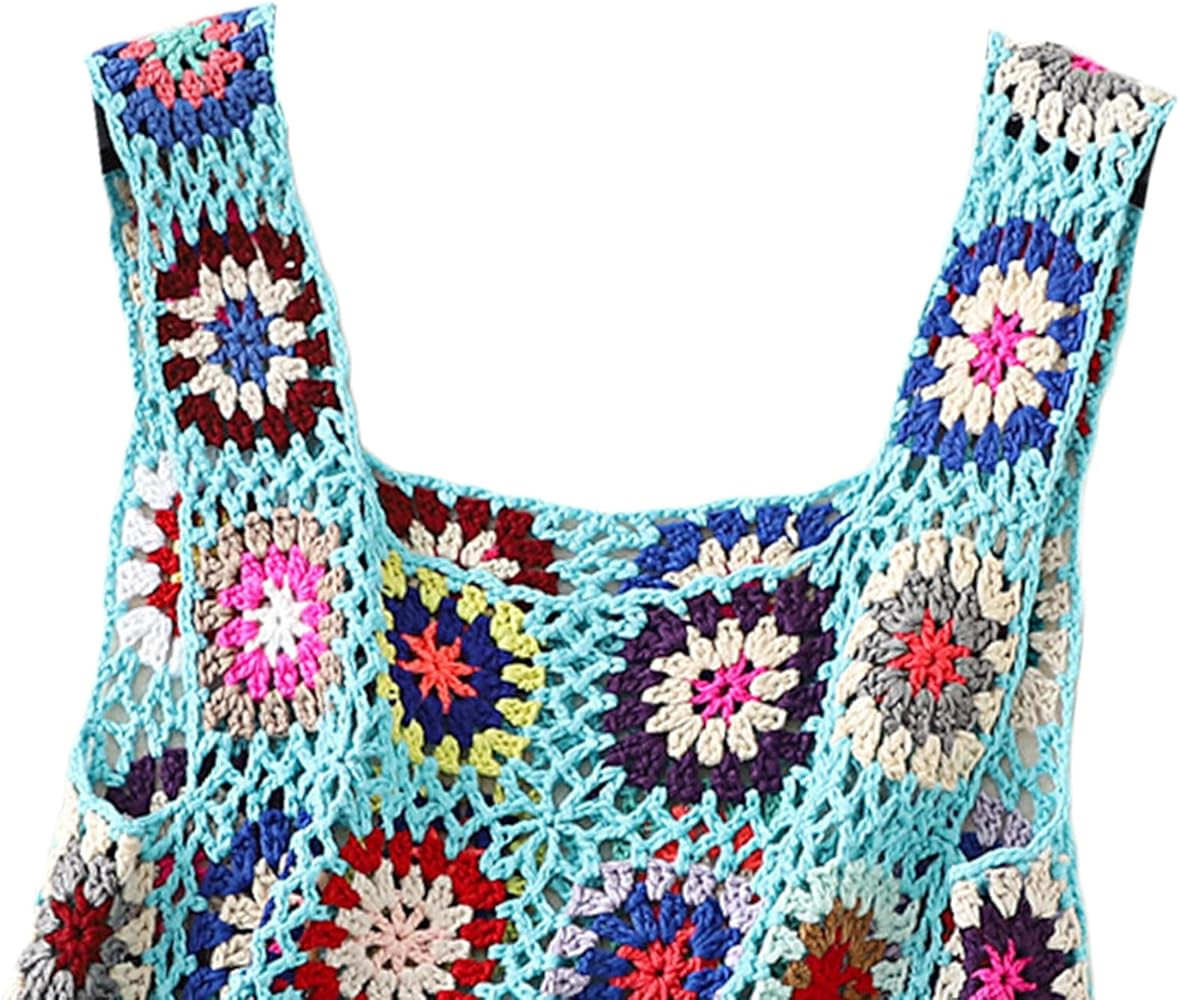 Women's Summer Crochet Tank Top Colorful Floral Embroidery Knit Vest Tops Boho Camisole Beachwear | Amazon (US)