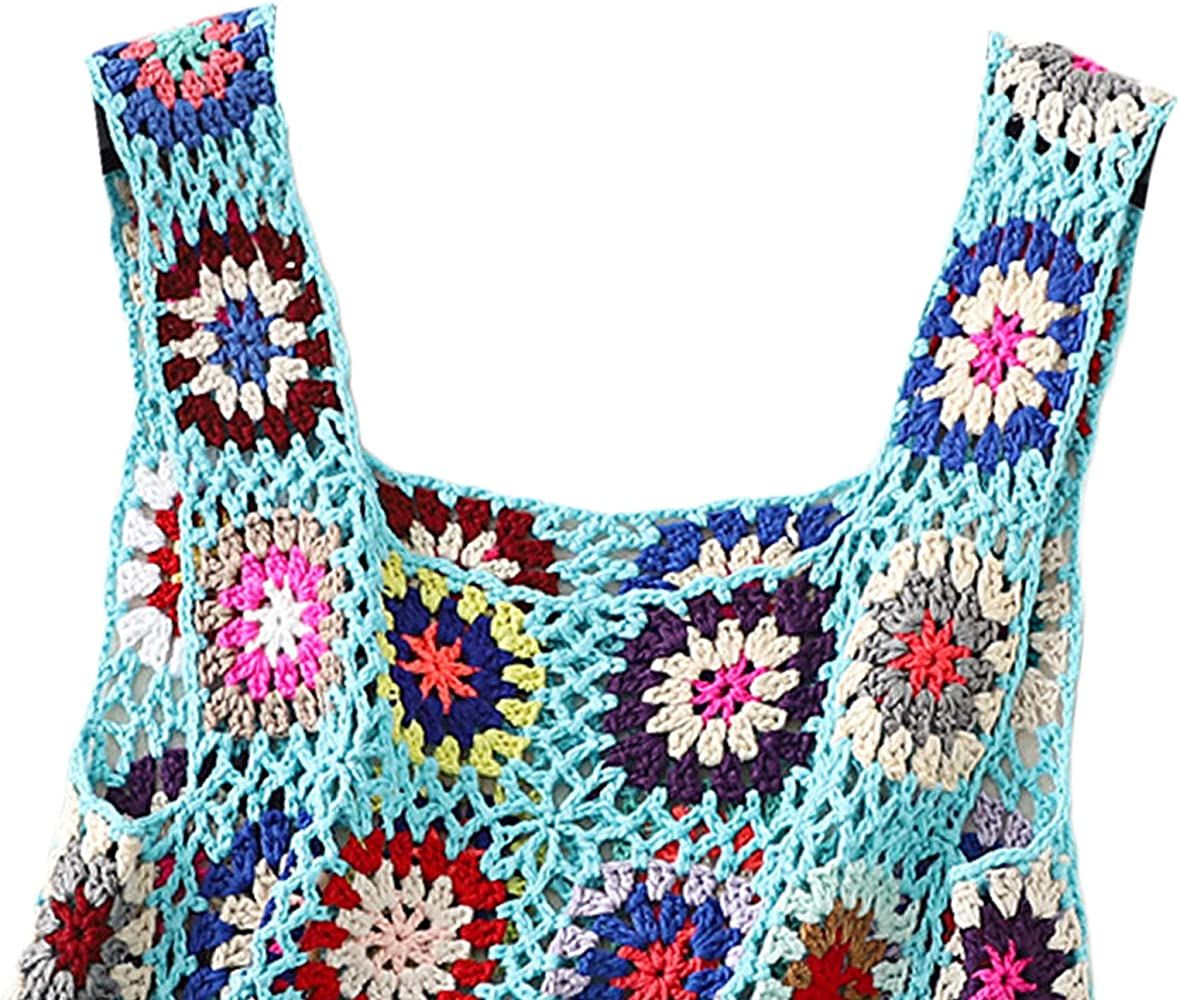 Women's Summer Crochet Tank Top Colorful Floral Embroidery Knit Vest Tops Boho Camisole Beachwear | Amazon (US)
