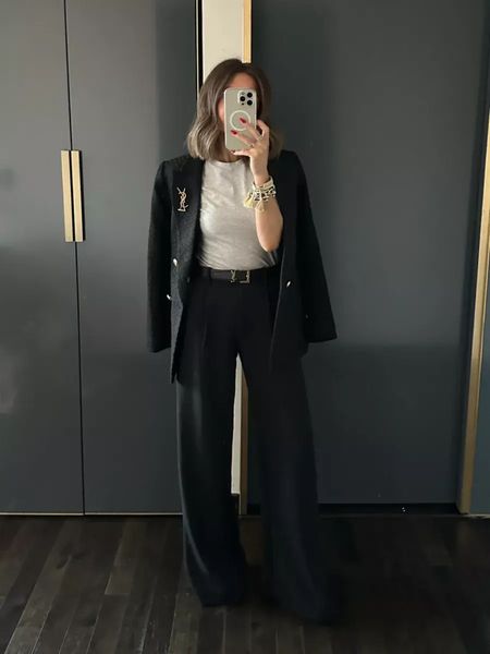 Love this business look! H&M blazer (tts, xs) abercrombie tee (sized up one to sm) abercrombie pants (sized up one and got long to wear with heels and for a slightly slouchier fit) saint laurent pin 

#LTKworkwear #LTKstyletip #LTKSeasonal