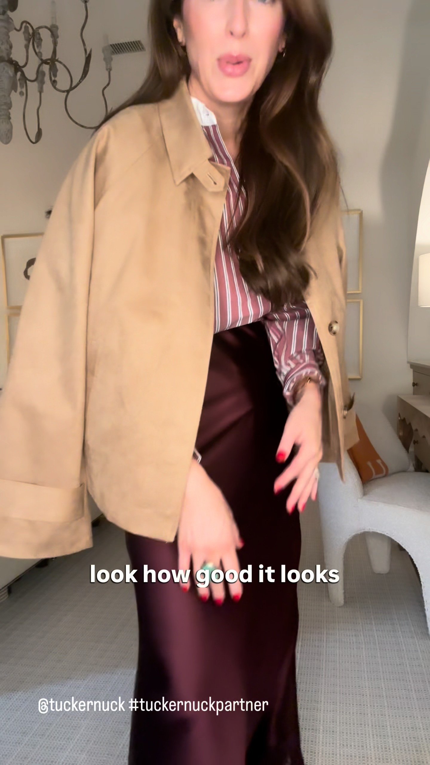 These are the pieces you are going to want to buy now and wear later — I have a feeling they are going to sell out, so do not wait on your sizing. I am wearing a small in everything here. The silky skirt with lace trim is a personal favorite — pair it with cowboy boots for an unexpected combination, or a heeled sandal if you want to dress it up even further. The suede jacket is going to be a core fall piece this season — it goes with absolutely everything, and it feels especially fresh layered over something silky like the skirt.
The denim dress is perfect for transitioning into fall — a darker wash that does not feel too heavy yet. The suede sandals are made for those fall days that are not quite cold fall — still warm enough for open toes, but with all the textures of the season. And I am always reaching for a striped layering piece over the shoulders — it just draws the eye up and pulls the whole look together.
@tuckernuck 

 #tuckernuckpartner #LTKootd #LTKSeasonal #LTKOver40