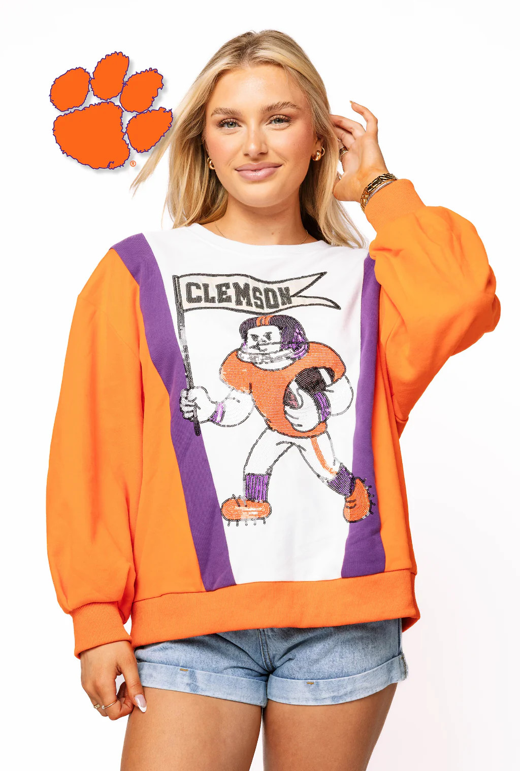 Licensed Sample - Clemson Football Player With Flag Sweatshirt | Queen of Sparkles