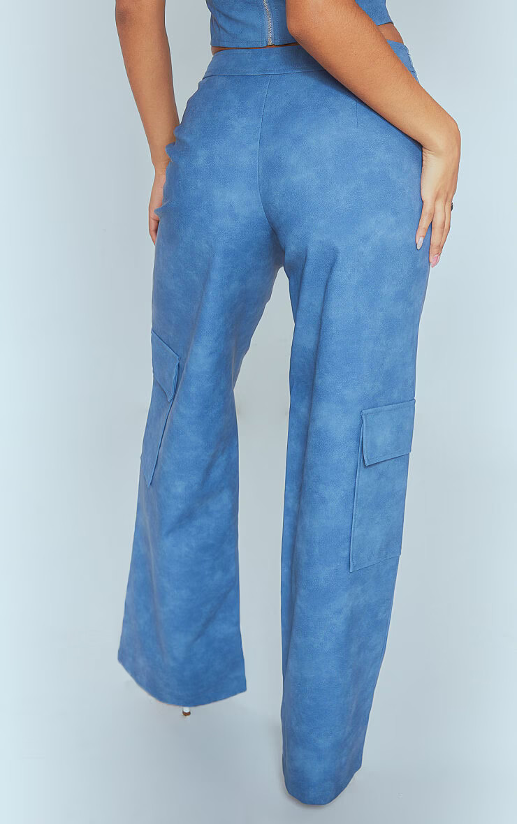 Blue Washed Faux Leather Pocket Detail Extreme Wide Leg Pants | PrettyLittleThing CAN