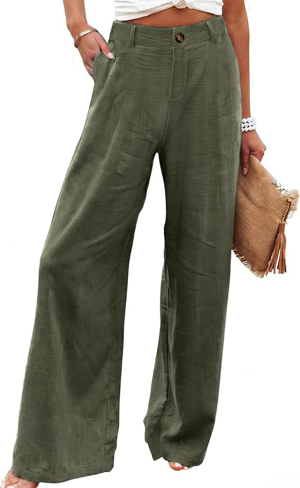 Hooever Womens Cotton Linen Pants Casual Button Up High Waisted Wide Leg Trousers | Amazon (US)
