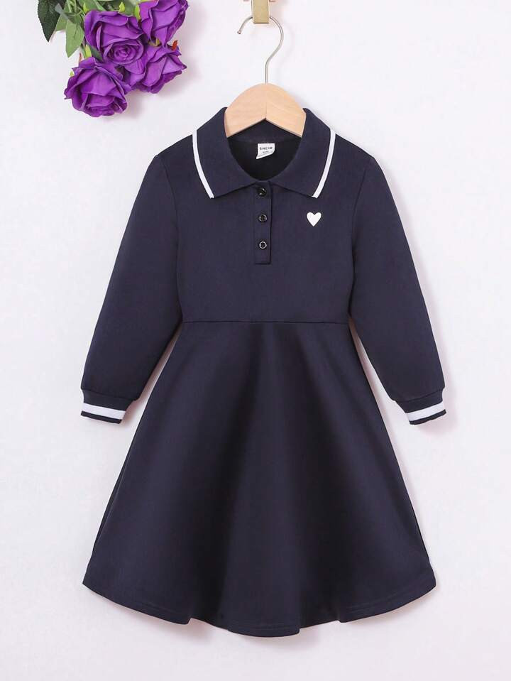 SHEIN Kids KDOMO Young Girls' Preppy Style Heart-shaped Printed Contrast Striped Trim Polo Neck P... | SHEIN