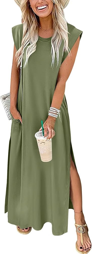 ANRABESS Womens Maxi Dresses 2025 Summer Casual Sleeveless Sundress Crew Neck Loose Split Beach L... | Amazon (US)