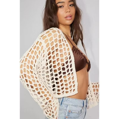 Coolmee Women's Lightweight Summer Cardigans Long Sleeve Tie Front Crochet Hollow Out Cardigans Oversized Cropped Beach Cover Ups M Apricot | Target