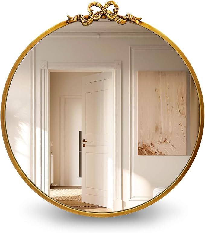 Vintage Bow Gold Mirror: 23.6" Antique Round Mirror for Bathroom | Baroque metal frame with HD gl... | Amazon (US)