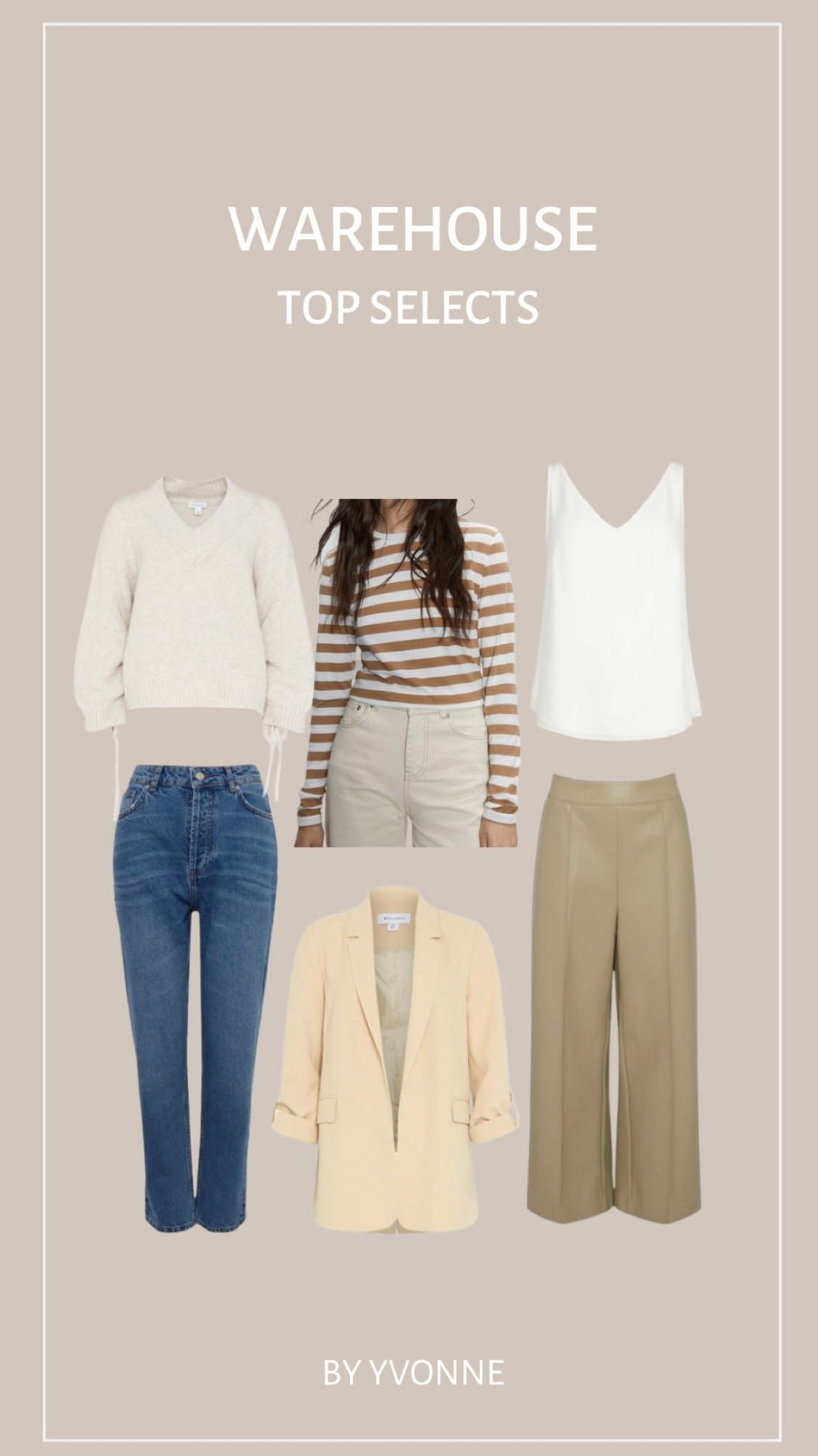 Warehouse Edit, Top Selects, outfit inspiration, Spring style, Denim straight leg jeans, Faux leather wide crop trouser, V neck knitted jumper, neutral roll sleeve blazer, V neck Cami top, 

#LTKstyletip #LTKSeasonal #LTKeurope