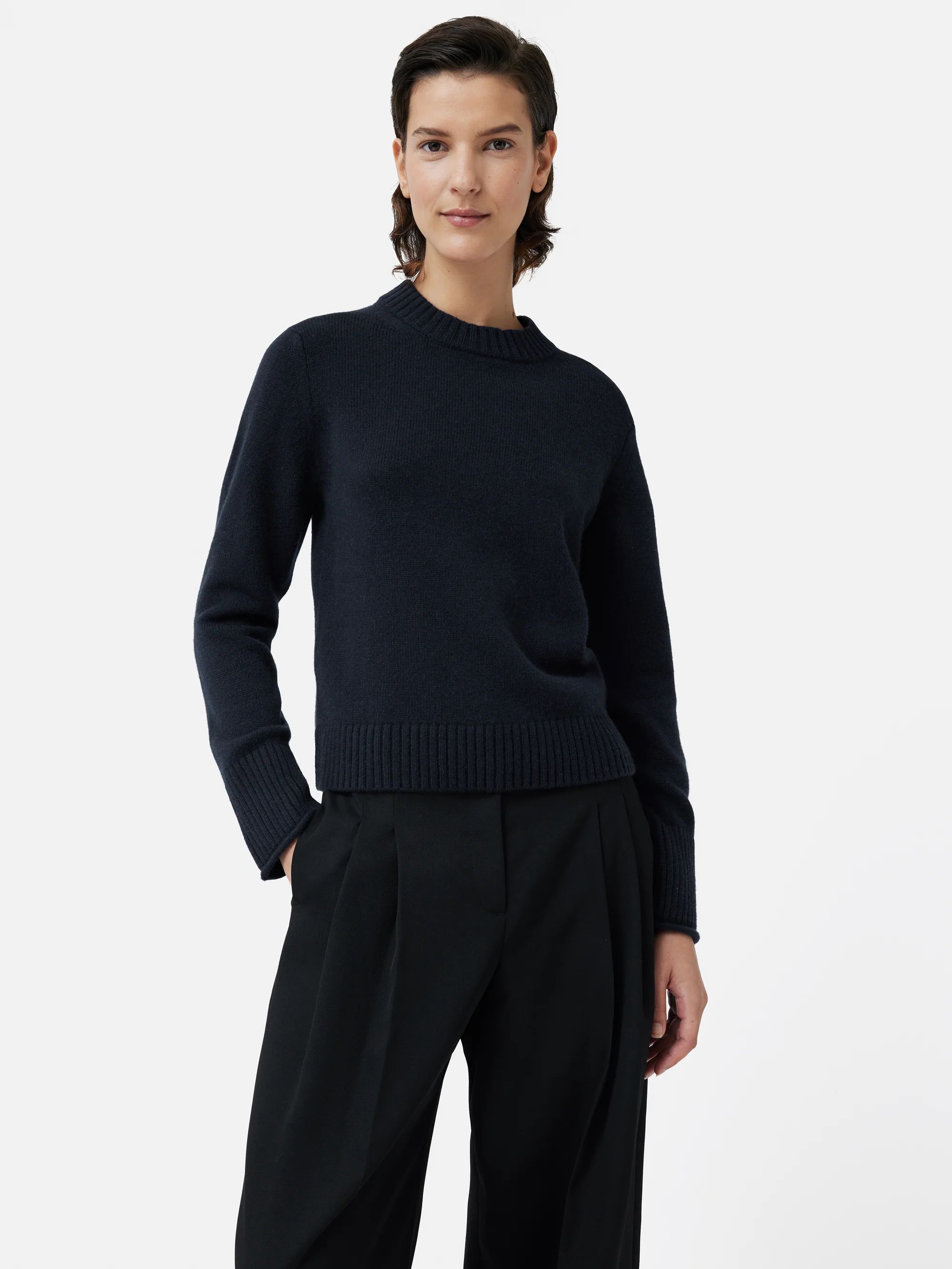 Compact Wool Cashmere Blend Jumper | Navy | Jigsaw (UK)