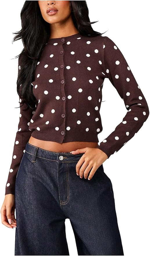 Milumia Women's Polka Dots Button Up Cardigan Sweater Crewneck Long Sleeve Knit Y2k Crop Tops | Amazon (US)
