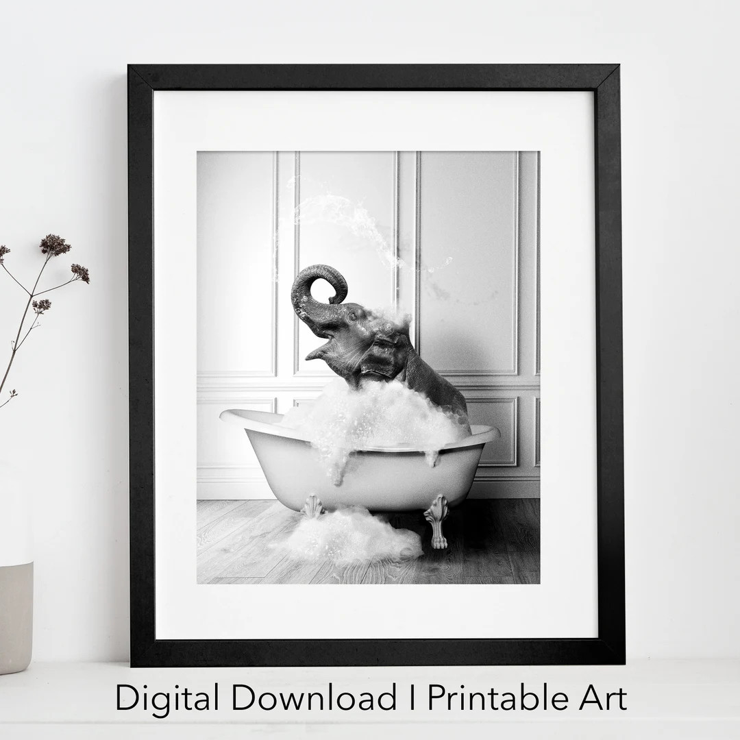 Cute Elephant in Tub Printable Wall Art | Elephant Photo | Elephant Art | Bathroom Art Print | Digit | Etsy (US)