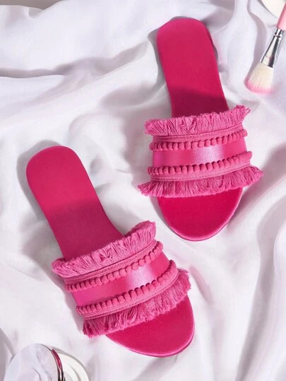 Glamorous Hot Pink Slide Sandals For Women, Fringe & Pom Pom Decor Satin Flat Sandals | SHEIN