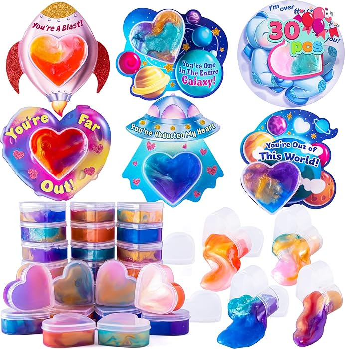JOYIN 30 PCS Valentine Day Gift Cards with Galaxy Slime Stress Relief Fidget Toys for Kids Classr... | Amazon (US)