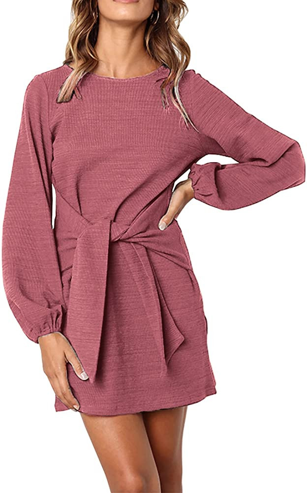 PRETTYGARDEN Women's Elegant Long Lantern Sleeve Short Dress Crewneck Tie Waist Knit Cocktail Dre... | Amazon (US)