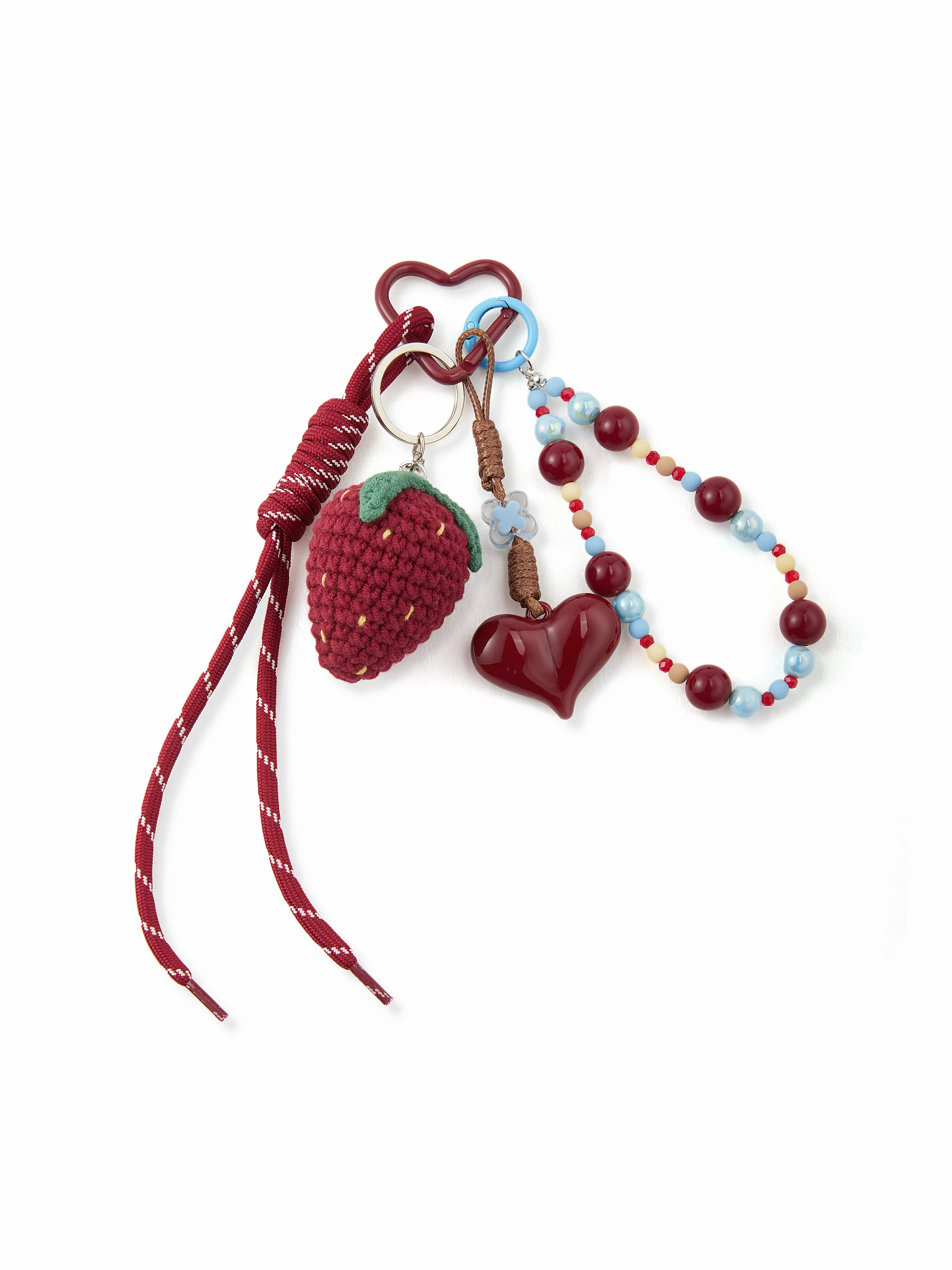 KNITTED STRAWBERRY & HEART & BEADED KEYCHAIN | Cider