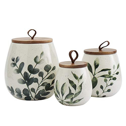 TTU Tabletops Gallery Ceramic Canister Collection- Stoneware Designed Kitchen Storage Acacia Wood White Set, 3 Piece Green Leaf Canister Set | Amazon (US)