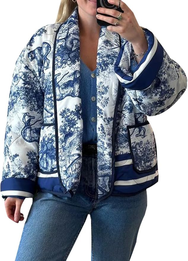 ROJZR Women's Cropped Floral Quilted Jacket Vintage Floral Print Open Front Cardigans Puffer Coat... | Amazon (US)