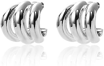Silver and Gold Triple Hoops Earrings for Women Trendy Two Tone Hoop 18K Chunky Gold Earrings | Amazon (US)