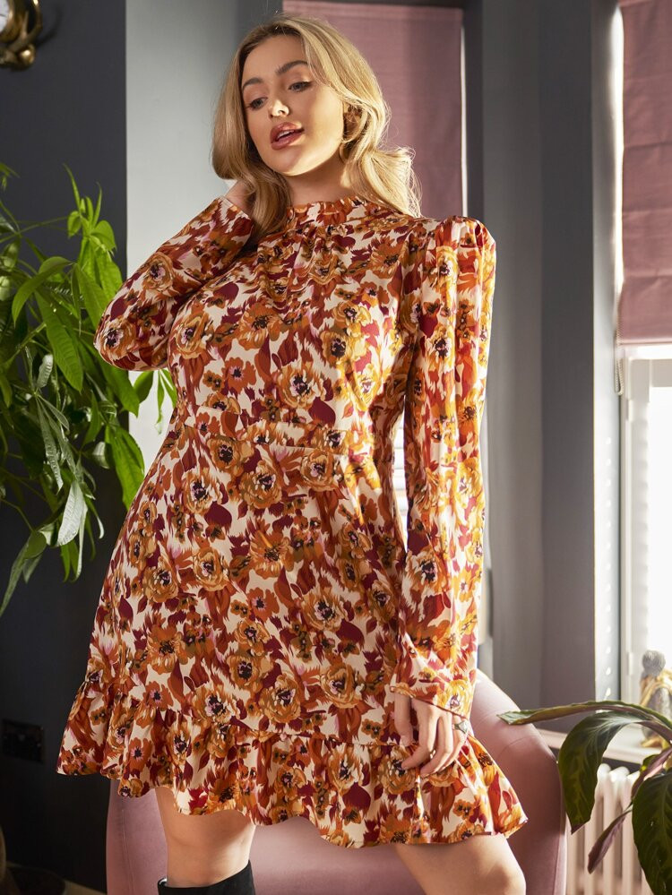 SHEIN Plus Floral Print Mock Neck Puff Sleeve Ruffle Hem Dress | SHEIN