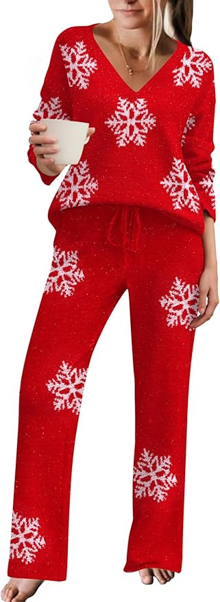 Ekouaer Pajamas for Women 2 Piece Lounge Set Fuzzy Fleece Long Sleeve Pullover Sweater Top Wide L... | Amazon (US)