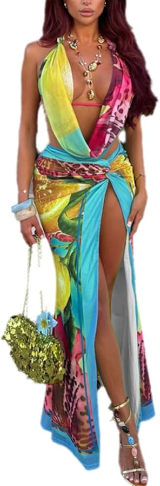 Wuitrie Women's 2 Piece Skirt Sets Floral Print Low Cut Halter Crop Top High Slit Maxi Warp Long ... | Amazon (US)