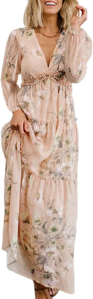 Amegoya Women's Casual Short Sleeve V Neck Floral Maxi Dresses Boho Beach Photoshoot Flowy Ruffle... | Amazon (US)