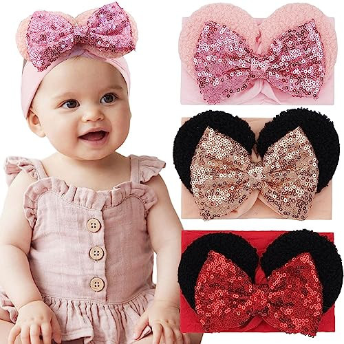 BBGifts 3PCS Baby Girl Mouse Ears Headbands with Sequin Bow, 4.5inches Wide Nylon Turban Hairband, Theme Park Headwear, Hair Bow Headband for Toddler, Kids, Party Supplies | Amazon (US)