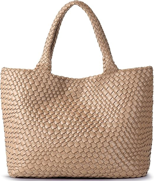 Woven Shoulder Bag for Women, Fashion Top Handle Soft Vegan Leather Shopper | Amazon (US)