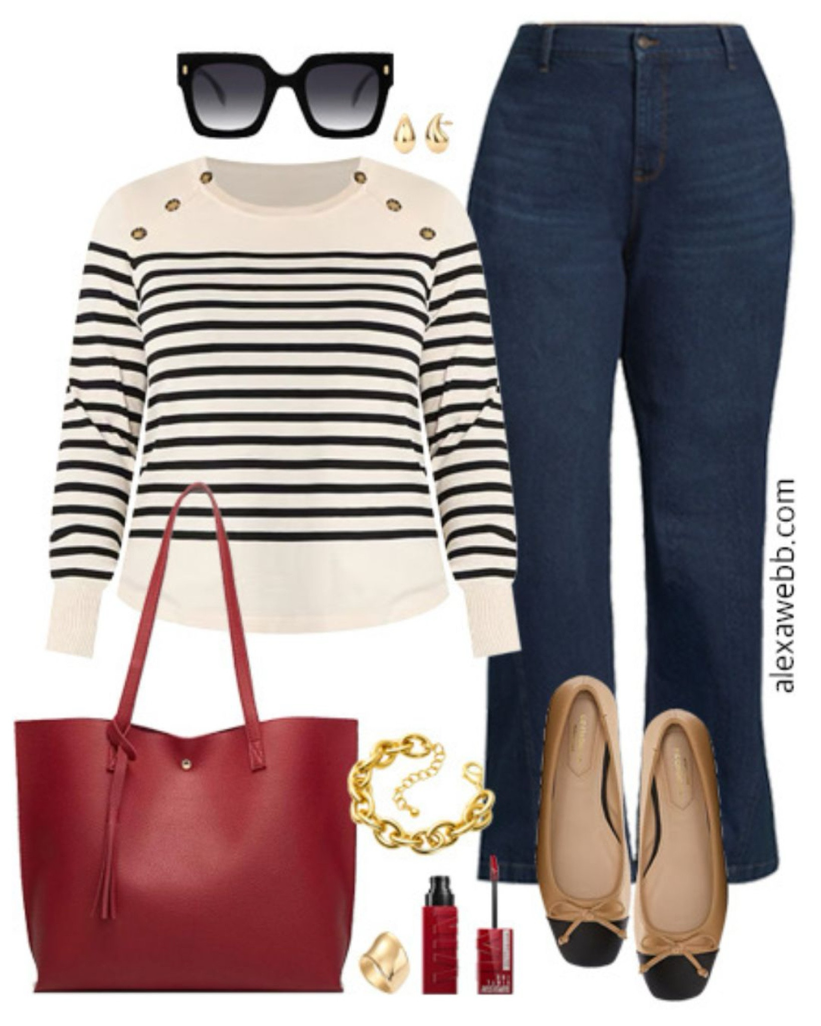 Plus Size Teacher Outfits 2024 - Part 2 - A plus size business casual outfit for teachers heading back to school this fall. A plus size striped sweater, trouser jeans, cap toe flats, and a red tote bag. Alexa Webb

#LTKStyleTip #LTKSeasonal #LTKPlusSize