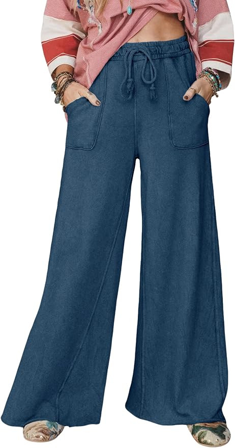 Wide Leg Pants for Women Acid Wash Palazzo Sweatpants Casual Drawstring Baggy Trousers with Pocke... | Amazon (US)