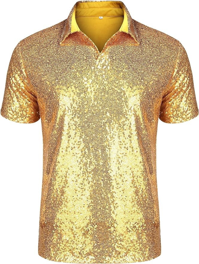 URRU Men's Relaxed Short Sleeve Turndown Sparkle Sequins Polo Shirts 70s Disco Nightclub Party T-... | Amazon (US)