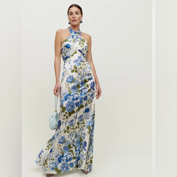 REFORMATION Veria Silk Floral Maxi Halter Tie Gown Size 0 Lucca Blue White Flora | Poshmark