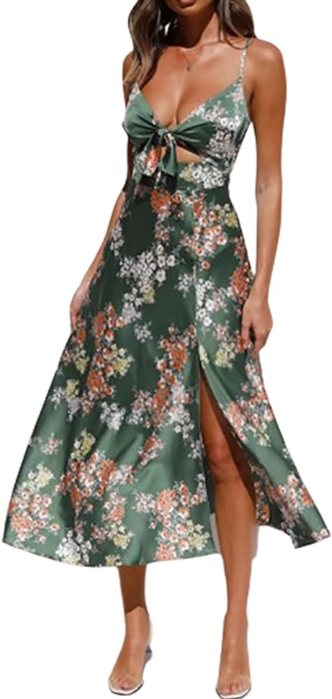 xxxiticat Women's Floral Satin Dress Sleeveless Spaghetti Straps Bow Knot Tied Cutout Front Split... | Amazon (US)
